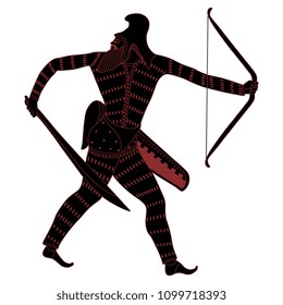 Isolated vector silhouette of a Scythian warrior with a sword and bow. Based on ancient Greek vase painting motif.