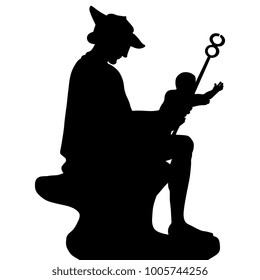 Isolated vector silhouette of seated ancient Greek god Hermes holding the infant Dionysus.