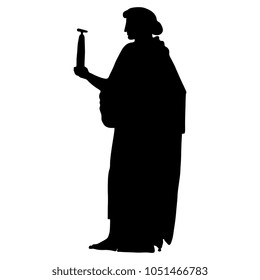 Isolated vector silhouette of a standing ancient Greek woman holding a vessel.