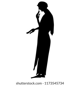 Isolated vector silhouette of a standing ancient Greek woman in long dress. Based on antique vase painting motif.