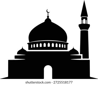 Silhueta vetorial isolada de um edifício tradicional da mesquita com uma cúpula proeminente e um minarete alto, coberto com uma lua crescente. Este ícone gráfico em preto e branco representa o Islã, a adoração religiosa e a comunidade muçulmana, ideal para projetos relacionados a Ramadã Kareem, Eid al-Fitr ou eventos culturais.
