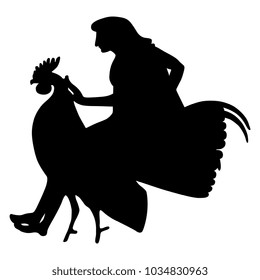 Isolated vector silhouette of a young man riding on a rooster. Based on ancient Greek folk motif.