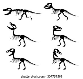 Isolated vector silhouettes of the skeleton of a Tyrannosaurus rex dinosaur in silhouette style.