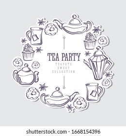 Isolated vector sketch of round sticker with wreath made of donuts, badyan, cupcakes, teapots 
and mugs