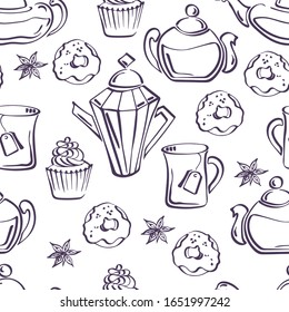 Isolated vector sketch of seamless pattern with donuts, badyan, cupcakes, teapots and mugs