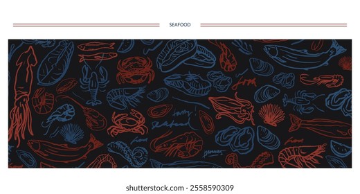 Isolated vector sketch set of seafood. Shrimps, langoustines, prawns, salmon, trout, oysters, mussels, squid, crab, lemon. Hand drawn seafood delicacy, restaurant and marine cafe menu. Dark background