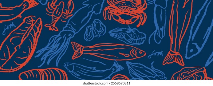 Isolated vector sketch set of seafood. Shrimps, langoustines, prawns, salmon, trout, oysters, mussels, squid, crab, lemon. Hand drawn seafood delicacy, restaurant and marine cafe menu. Dark background