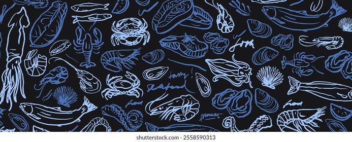 Isolated vector sketch set of seafood. Shrimps, langoustines, prawns, salmon, trout, oysters, mussels, squid, crab, lemon. Hand drawn seafood delicacy, restaurant and marine cafe menu. Dark background