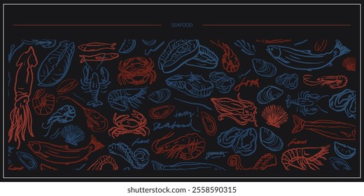 Isolated vector sketch set of seafood. Shrimps, langoustines, prawns, salmon, trout, oysters, mussels, squid, crab, lemon. Hand drawn seafood delicacy, restaurant and marine cafe menu. Dark background