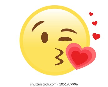 The Isolated vector smiley yellow face with kissing mouth and heart flat icon