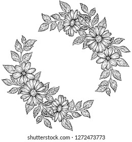 Isolated vector square flower wreath. Hand drawing black and white floral illustration. Vintage botanical sketch. Wedding invitation