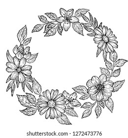 Isolated vector square flower wreath. Hand drawing black and white floral illustration. Vintage botanical sketch. Wedding invitation