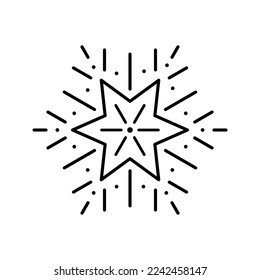 Isolated vector Star Icon on white background. The black outline of star and rays. Christmas winter sign. Modern design for decorations, creatives, greeting cards, packaging design, banners, and web.