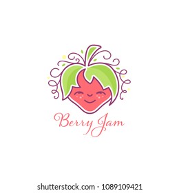 Isolated vector strawberry emblem with cute cartoon fruit character.  
