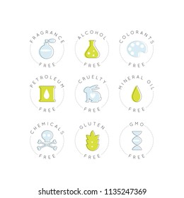 Isolated Vector Style Illustration Logo Set Badge Ingredient Warning Label Icons. GMO, Fragrance, Cruelty, Alcohol, Colorants, Petroleum, Mineral Oils, Chemicals, Gluten Free Organic Product Stickers