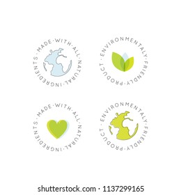 Isolated Vector Style Illustration Logo Badge Set Made With All Natural Ingredients and Environmentally Friendly Label Badge, Earth, Green Concept 