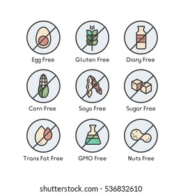 Isolated Vector Style Illustration Logo Set Badge Ingredient Warning Label Icons. Allergens Gluten, Lactose, Soy, Corn, Diary, Milk, Sugar, Trans Fat. Vegetarian and Organic symbols. Food Intolerance
