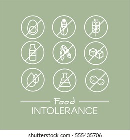 Isolated Vector Style Illustration Logo Set Badge Ingredient Warning Label Icons. Allergens Gluten, Lactose, Soy, Corn, Diary, Milk, Sugar, Trans Fat. Vegetarian and Organic symbols. Food Intolerance