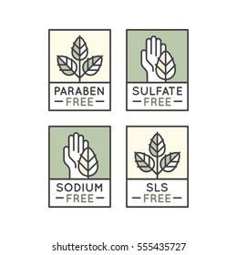 Isolated Vector Style Illustration Logo Set Badge Ingredient Warning Label Icons. GMO, SLS, Paraben, Cruelty, Sulfate, Sodium, Phosphate, Silicone, Preservative Free Organic Product Stickers