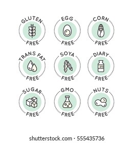 Isolated Vector Style Illustration Logo Set Badge Ingredient Warning Label Icons. Allergens Gluten, Lactose, Soy, Corn, Diary, Milk, Sugar, Trans Fat. Vegetarian and Organic symbols. Food Intolerance