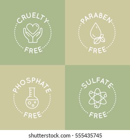 Isolated Vector Style Illustration Logo Set Badge Ingredient Warning Label Icons. GMO, SLS, Paraben, Cruelty, Sulfate, Sodium, Phosphate, Silicone, Preservative Free Organic Product Stickers