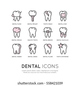 Isolated Vector Style Illustration Logo Set Badge or Dental Care and Disease, Treatment Concept, Tooth Cure Orthodontics