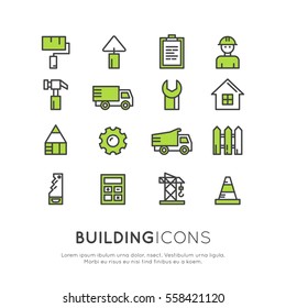 Isolated Vector Style Illustration Logo Badge Set of Construction and Building Process with Tools