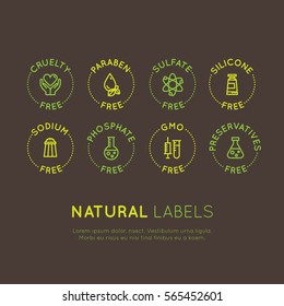 Isolated Vector Style Illustration Logo Set Badge Ingredient Warning Label Icons. GMO, SLS, Paraben, Cruelty, Sulfate, Sodium, Phosphate, Silicone, Preservative Free Organic Product Stickers