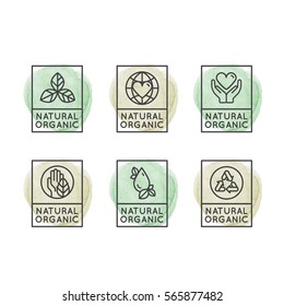 Isolated Vector Style Illustration Logo Set Badge Fresh Organic, Eco Product, Bio Ingredient Label Badge with Leaf, Earth, Green Concept, Watercolor Outline Icons