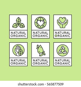 Isolated Vector Style Illustration Logo Set Badge Fresh Organic, Eco Product, Bio Ingredient Label Badge with Leaf, Earth, Green Concept