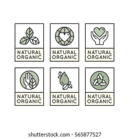 Isolated Vector Style Illustration Logo Set Badge Fresh Organic, Eco Product, Bio Ingredient Label Badge with Leaf, Earth, Green Concept