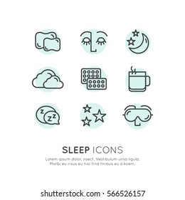 Isolated Vector Style Illustration Logo Set Badge with Sleep problems and insomnia icons, treatment and pills, sleeping person with mask, hot drink, sleepy face