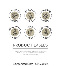 Isolated Vector Style Illustration Logo Set Badge Ingredient Warning Label Icons. GMO, SLS, Paraben, Cruelty, Sulfate, Sodium, Phosphate, Silicone, Preservative Free Organic Product Stickers