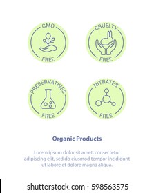 Isolated Vector Style Illustration Logo Set Badge Ingredient Warning Label Icons. GMO, Cruelty, Preservatives, Nitrates Free Product Stickers. Flat Line Icon Design