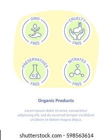 Isolated Vector Style Illustration Logo Set Badge Ingredient Warning Label Icons. GMO, Cruelty, Preservatives, Nitrates Free Product Stickers. Flat Line Icon Design