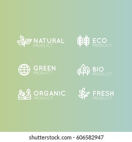 Isolated Vector Style Illustration Logo Set Badge Fresh Organic, Eco Product, Bio Ingredient Label Badge with Leaf, Earth, Green Concept Gradient Colour