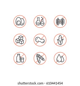 Isolated Vector Style Illustration Logo Set Badge Ingredient Warning Label Icons. Allergens Gluten, Lactose, Soy, Corn, Diary, Milk, Sugar, Trans Fat. Vegetarian and Organic symbols. Food Intolerance
