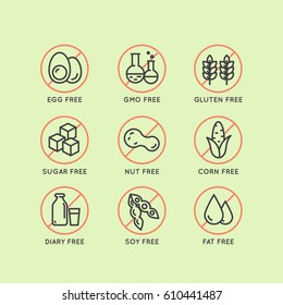 Isolated Vector Style  Illustration Logo Set Badge Ingredient Warning Label Icons. Allergens Gluten, Lactose, Soy, Corn, Diary, Milk, Sugar, Trans Fat. Vegetarian and Organic symbols. Food Intolerance