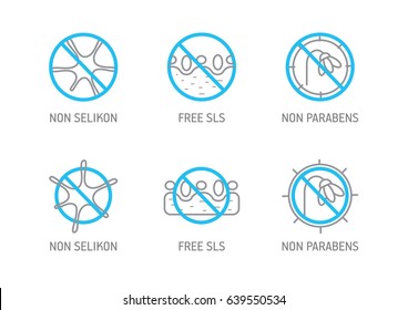 Isolated Vector Style Illustration Logo Set Badge Ingredient Warning Label Icons. SLS, Paraben, Sulfate, Sodium, Phosphate, Silicone, Preservative Free Organic Product Stickers