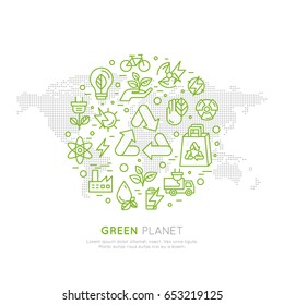 Isolated Vector Style Illustration Logo Set Badge Recycling Ecological Concept. One Page Web Site Template Banner with Global Map, Infographic Poster