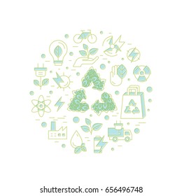 Isolated Vector Style Illustration Logo Set Badge Recycling Ecological Concept with green leafs and tree. One Page Web Site Template Banner with Global Map, Infographic Poster