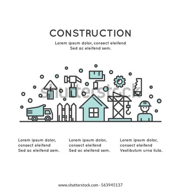 Isolated Vector Style\
Illustration One Page Web Site Template of Real Estate House\
Building and Business Company, Accommodation, Housing, Construction\
and Building