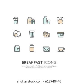 Isolated Vector Style Watercolor Illustration Logo Set Badge of Morning Breakfast Hot Drink, Eggs, Cheese, Diary and Milk Products. Farm and Organic symbols. Food Intolerance