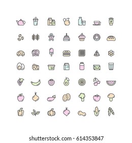 Isolated Vector Style Watercolor Illustration Logo Set Badge of Fruits, Vegetables, Fast Food and Drink, Bread, Diary and Milk Products. Farm and Organic symbols. Food Intolerance