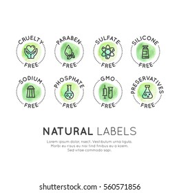 Isolated Vector Style Watercolor  Logo Set Badge Ingredient Warning Label Icons. GMO, SLS, Paraben, Cruelty, Sulfate, Sodium, Phosphate, Silicone, Preservative Free Organic Product Stickers