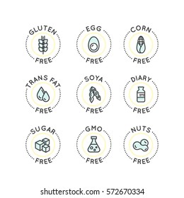 Isolated Vector Style Watercolor Logo Set Badge Ingredient Warning Label. Allergens Gluten, Lactose, Soy, Corn, Diary, Milk, Sugar, Trans Fat. Vegetarian and Organic symbols. Food Intolerance