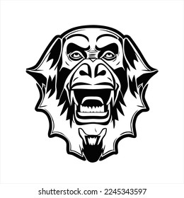 Vector aislado estilizado de un simio. Silueta blanca y negra. Estilo de caricatura plano. Una cara de gorila con una gran sonrisa en su cara y una gran sonrisa en su cara,
