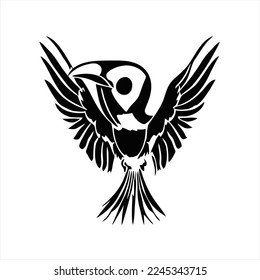 Isolated vector stylized of a Bird. Black and white silhouette. Flat cartoon style.. A black and white bird with wings spread out, with a letter q in the middle of it's wings