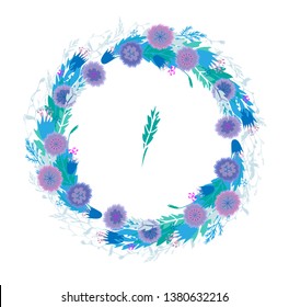 Isolated vector summer field floral circle garland on white background - card template with centaurea, knapweed, harebell flowers and grass