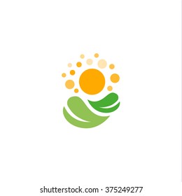 Isolated vector summer logo. Sunny day illustration.  Meadow green valley. Spring image. Traveling icon. Nature warm weather. Forecast sign. Kids picture. Organic products label.